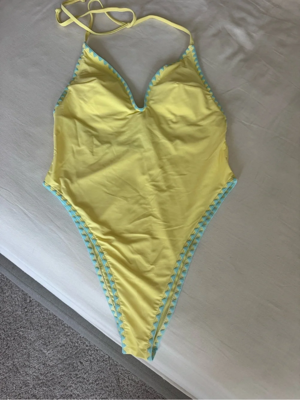 Yellow Halter One-Piece Swimsuit with Blue Trim - Women Swim
